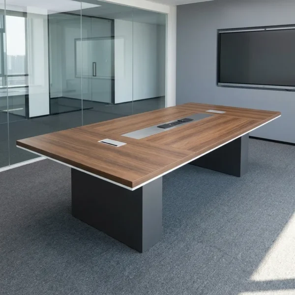3m conference meeting table featuring a natural wood-grain tabletop with white edge trim, a central silver and black media connectivity track flanked by two rectangular grommet covers, and dual charcoal gray block pedestal legs.