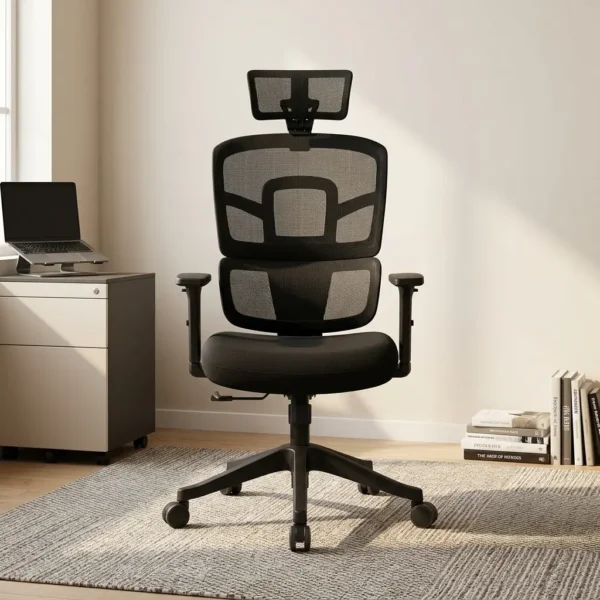 Black orthopedic office chair shown in front and rear views, featuring a high-back breathable mesh backrest, an adjustable headrest, T-shaped armrests, a contoured padded seat, and a black swivel base.
