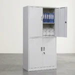 4-door steel office filing cabinet in a light gray finish, featuring a top cupboard with one door open to reveal two interior shelves, and a bottom cabinet containing two additional shelves.