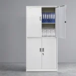 4-door steel office filing cabinet in a light gray finish, featuring a top cupboard with one door open to reveal two interior shelves, and a bottom cabinet containing two additional shelves.