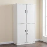 4-door steel office filing cabinet in a light gray finish, featuring a top cupboard with one door open to reveal two interior shelves, and a bottom cabinet containing two additional shelves.