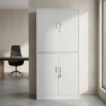 4-door steel office filing cabinet in a light gray finish, featuring a top cupboard with one door open to reveal two interior shelves, and a bottom cabinet containing two additional shelves.