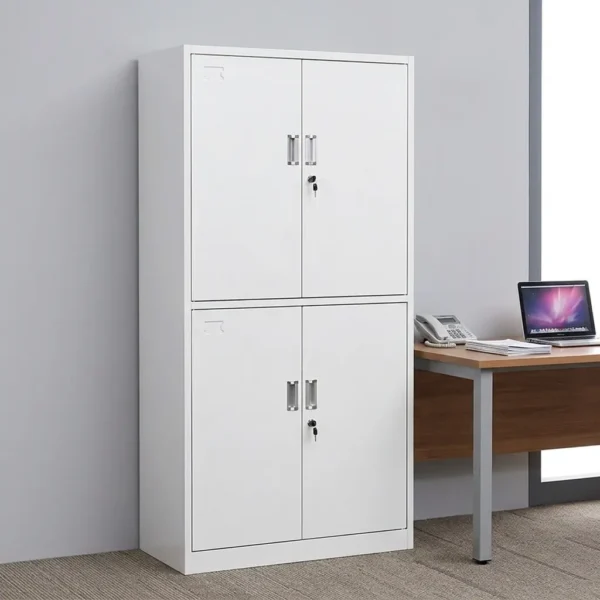 4-door lockable office cabinet featuring a clean light gray steel finish, an upper lockable double-door cupboard, and a matching lower lockable double-door storage cabinet, both equipped with recessed metal handles.