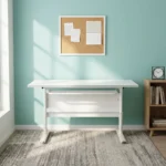 120cm foldable training table featuring a clean white rectangular desktop, an integrated under-desk metal storage shelf, a matching white modesty panel, and a T-bar steel leg base.