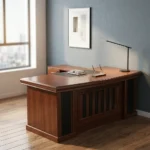 1.8m executive office desk featuring a rich, reddish-brown wood-grain finish, an integrated black writing pad inlay with dual grommet holes, a matching L-shaped side return cabinet, and a classic front modesty panel accented with vertical black inserts.