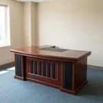 1.8m executive office desk featuring a rich, reddish-brown wood-grain finish, an integrated black writing pad inlay with dual grommet holes, a matching L-shaped side return cabinet, and a classic front modesty panel accented with vertical black inserts.