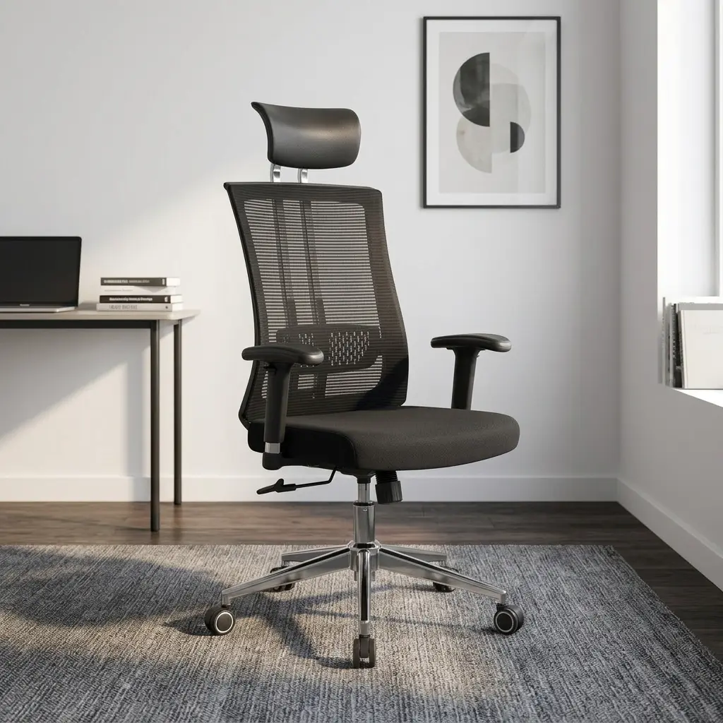 Adjustable orthopedic office seat featuring a high-back striped mesh backrest with adjustable lumbar support, a padded black headrest on chrome supports, T-shaped adjustable armrests, a contoured black padded seat, and a polished chrome five-star swivel base. Adjustable orthopedic office seat featuring a high-back striped mesh backrest with adjustable lumbar support, a padded black headrest on chrome supports, T-shaped adjustable armrests, a contoured black padded seat, and a polished chrome five-star swivel base.