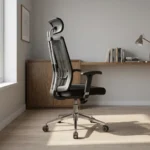 Adjustable orthopedic office seat featuring a high-back striped mesh backrest with adjustable lumbar support, a padded black headrest on chrome supports, T-shaped adjustable armrests, a contoured black padded seat, and a polished chrome five-star swivel base.