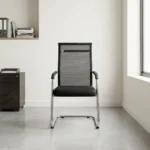 Mesh office guest chair featuring a high, transparent black mesh backrest with a slim chrome top rail, integrated black curved armrests, a contoured padded fabric seat, and a polished chrome cantilever sled base.
