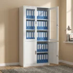 Lockable steel office file cabinet featuring a clean white finish, an upper lockable double-door cupboard with glass display windows revealing interior shelving, and a lower matching solid steel double-door storage cabinet with vertical metal handles.