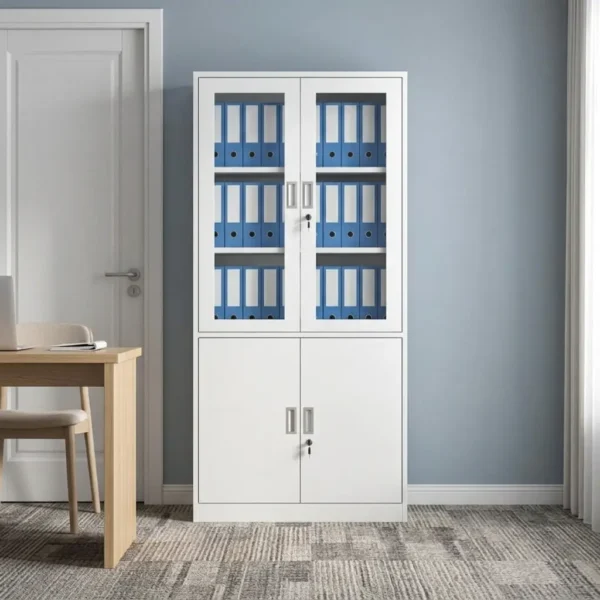 Lockable steel office file cabinet featuring a clean white finish, an upper lockable double-door cupboard with glass display windows revealing interior shelving, and a lower matching solid steel double-door storage cabinet with vertical metal handles.
