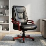 Directors executive office chair featuring a high-back black leather design with plush contoured cushioning and contrast stitching, curved reddish-brown wooden armrests, and a matching wooden five-star swivel base.