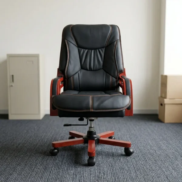 Directors executive office seat featuring a high-back black leather design with plush contoured cushioning and contrast stitching, curved reddish-brown wooden armrests, and a matching wooden five-star swivel base.