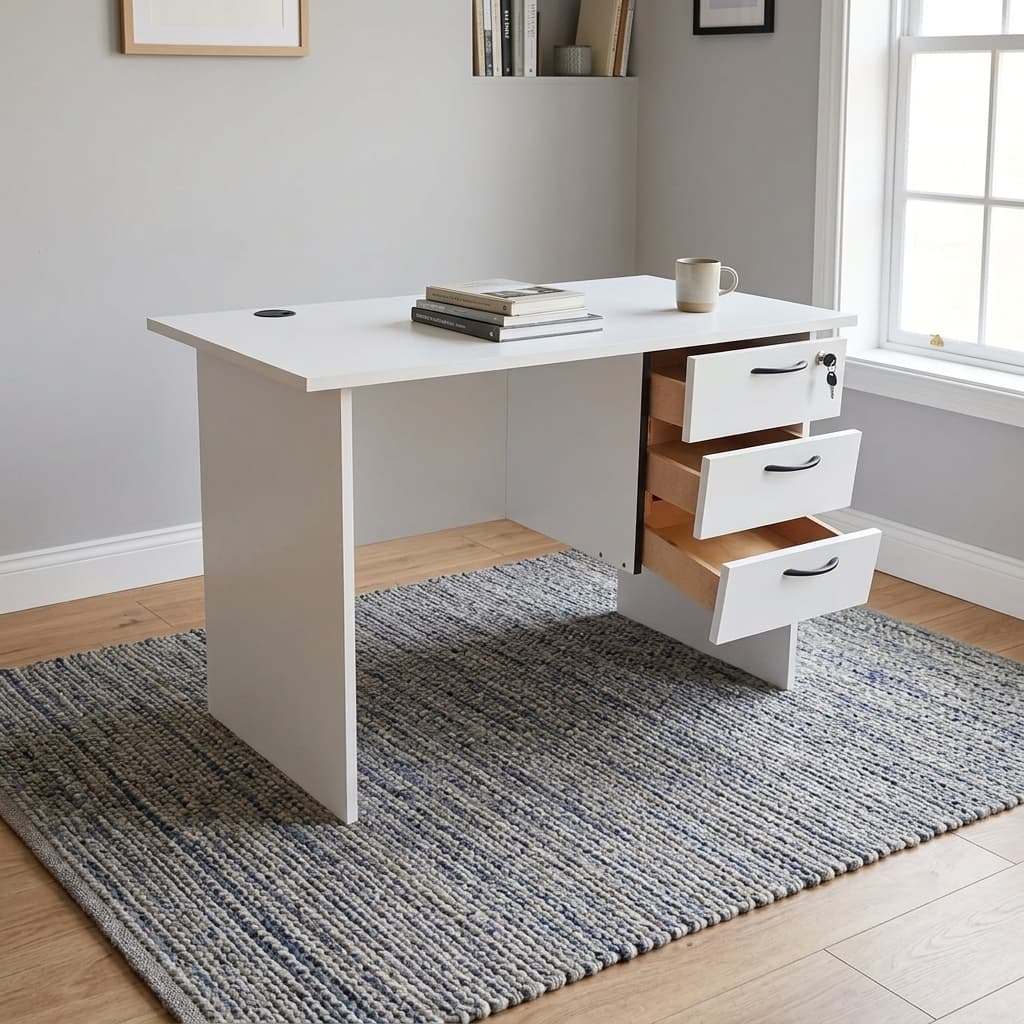 0.9m office study desk featuring a clean white finish, a circular black cable grommet on the tabletop, a matching modesty panel, and an integrated three-drawer pedestal with black curved handles and a lockable top drawer.