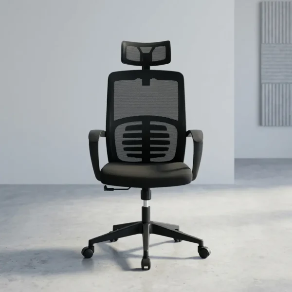 High back ergonomic staff chair featuring a high-back black mesh design with an integrated spine-supporting lumbar guard, an adjustable mesh headrest, curved black armrests, a contoured padded black seat, and a durable black five-star swivel base.