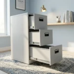 3-drawer lockable filing cabinet featuring a clean light gray steel finish and three vertical storage drawers, each equipped with an integrated black recessed pull handle and a built-in label slot.