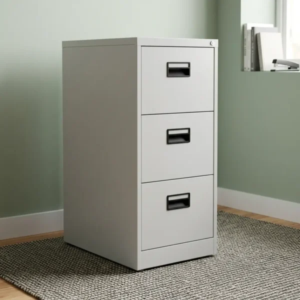 3-drawer lockable filing cabinet featuring a clean light gray steel finish and three vertical storage drawers, each equipped with an integrated black recessed pull handle and a built-in label slot.