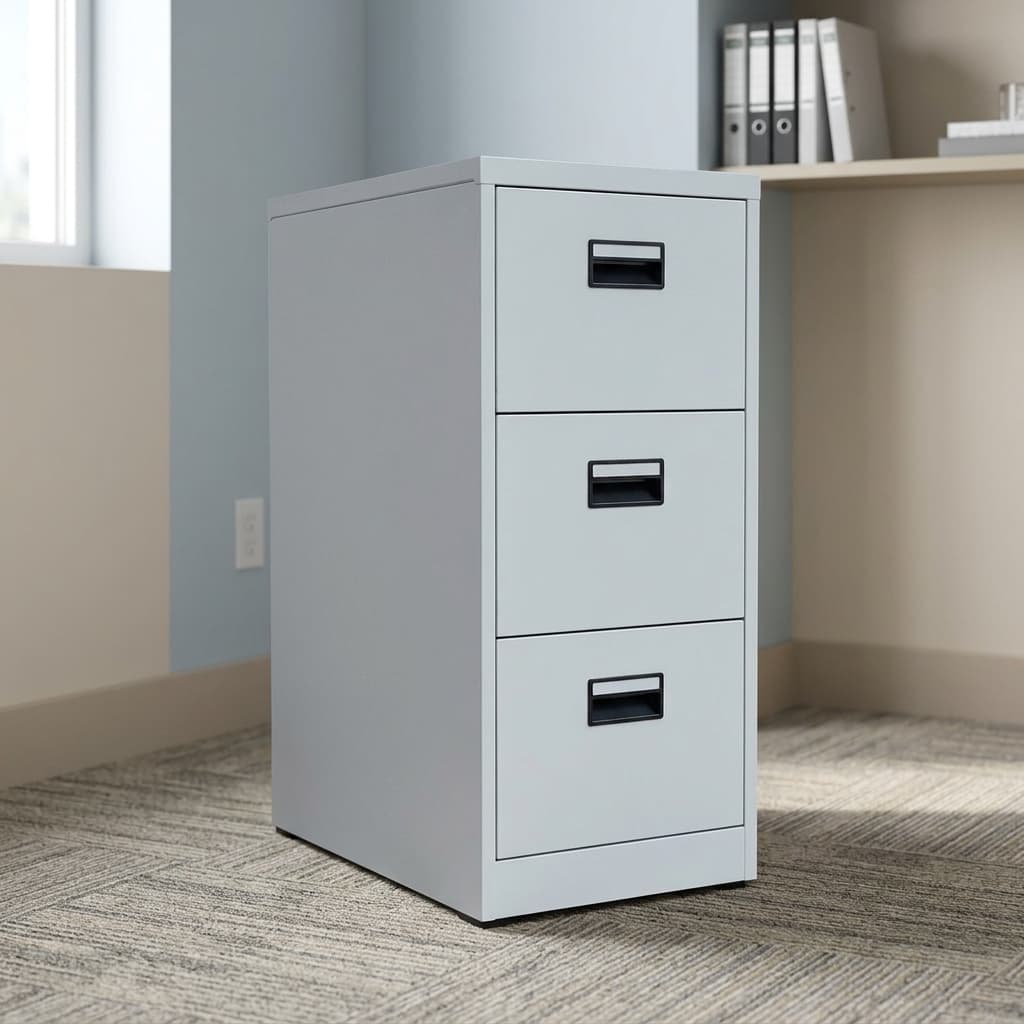 3-drawer metallic filing cabinet featuring a clean light gray steel finish and three vertical storage drawers, each equipped with an integrated black recessed pull handle and a built-in label slot.
