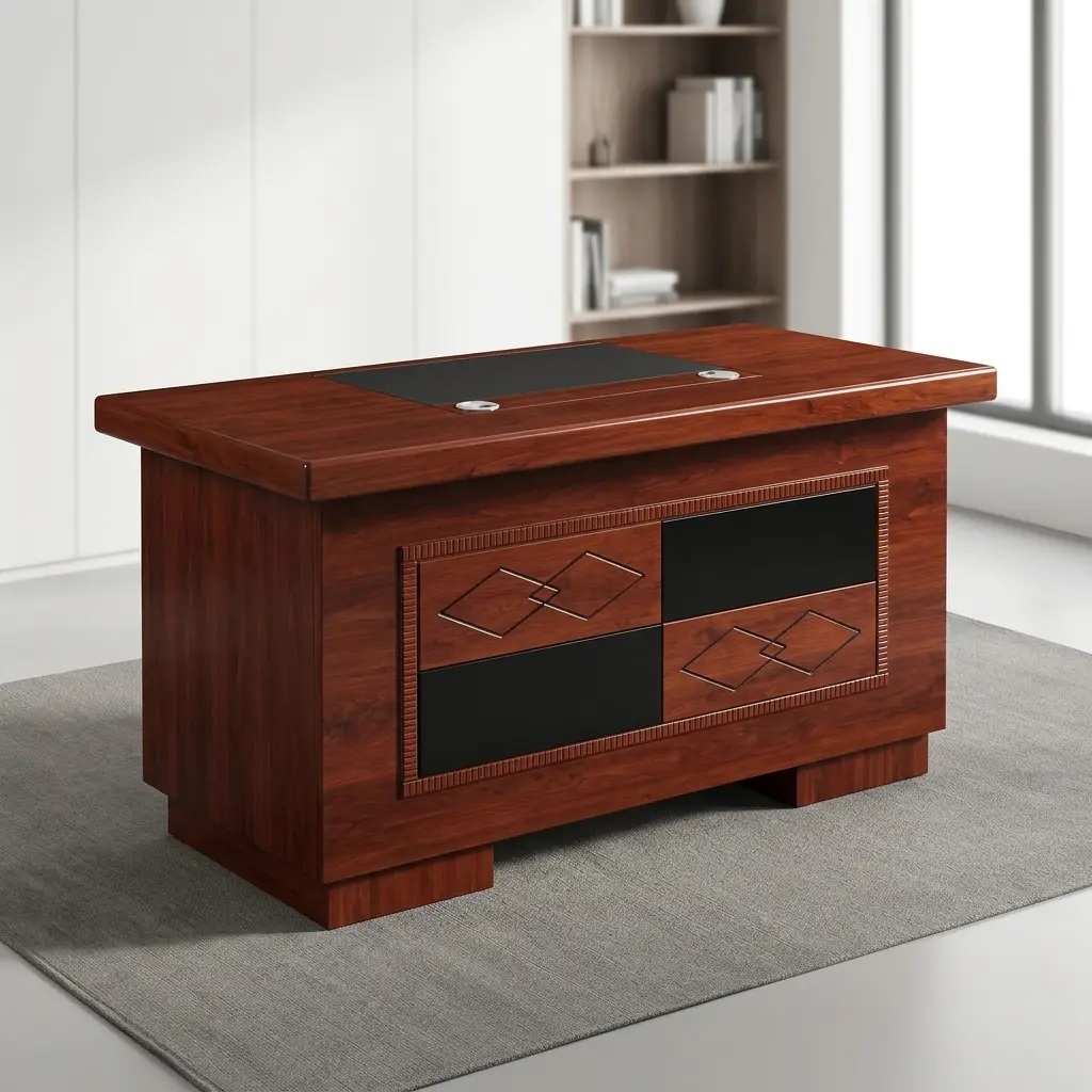 1.4m executive office desk featuring a rich, reddish-brown wood-grain finish, an integrated black writing pad inlay with dual silver grommets, and a decorative front modesty panel detailed with a checkerboard pattern of solid black panels and overlapping diamond wood-carved designs.
