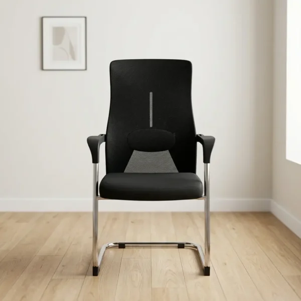 Executive office guest chair featuring a high-back black mesh design with a central vertical slit and a lower triangular accent, integrated black-capped armrests, a contoured padded black seat, and a polished chrome cantilever sled base.