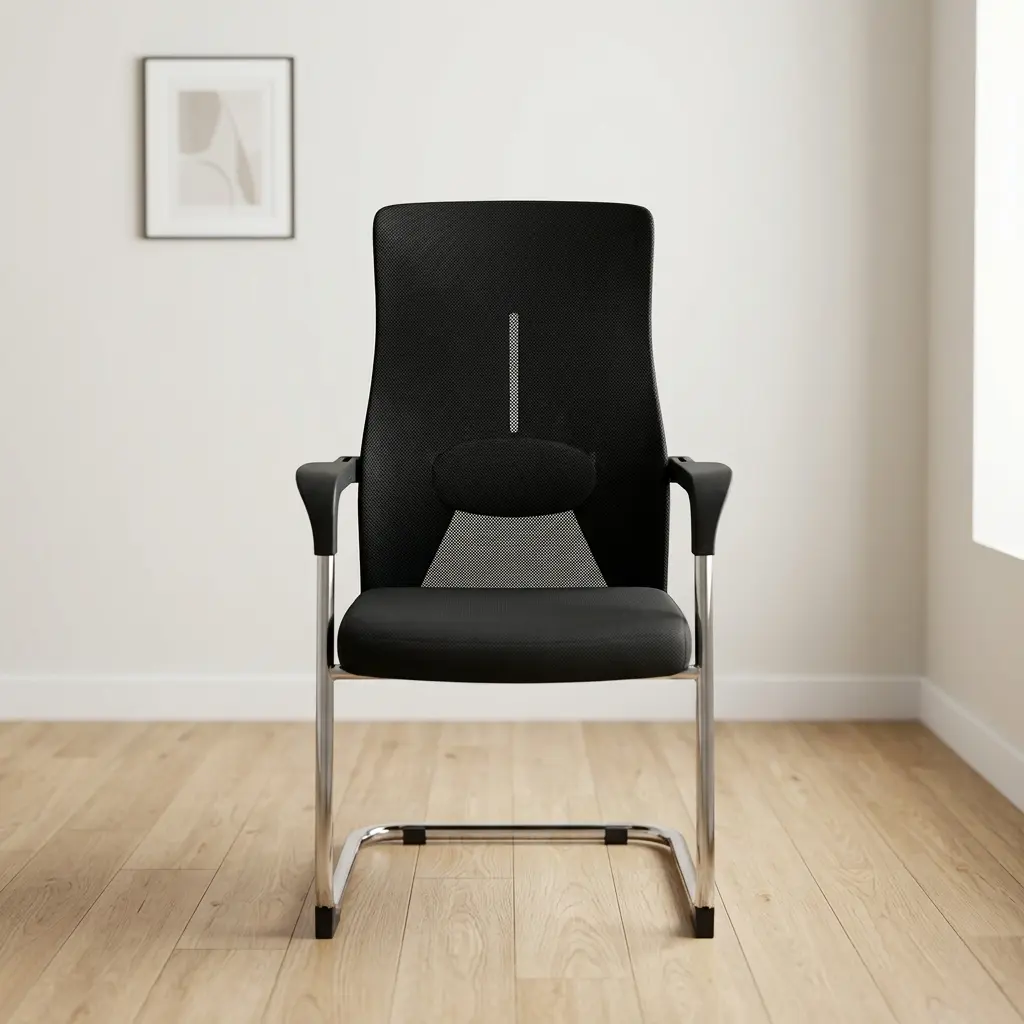 Executive office guest chair featuring a high-back black mesh design with a central vertical slit and a lower triangular accent, integrated black-capped armrests, a contoured padded black seat, and a polished chrome cantilever sled base.