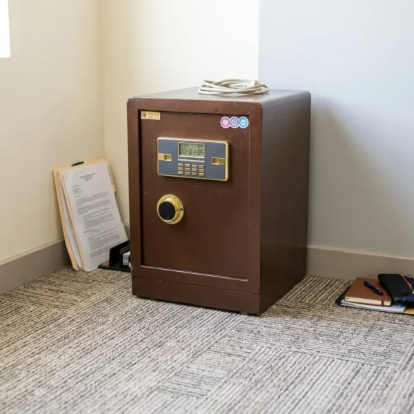 60kg fireproof safe box featuring a textured bronze-brown finish, a prominent gold-rimmed circular handle, and a gold-trimmed electronic control panel with a digital display screen and physical PIN entry keypad.