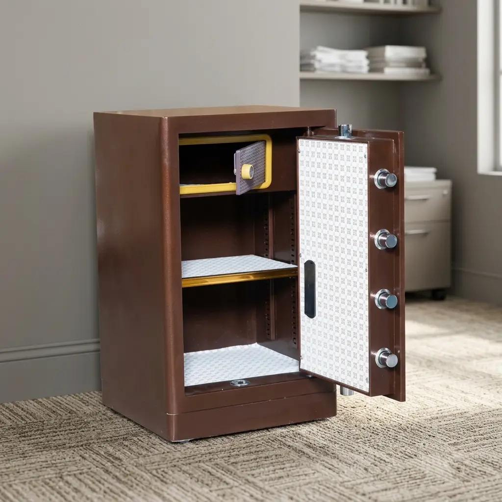 70kg fireproof safe box featuring a textured bronze-brown finish, an open door displaying four heavy-duty silver locking bolts and a patterned light-gray interior lining, an upper internal lockbox with gold trim, and an adjustable storage shelf accented with a gold front edge.