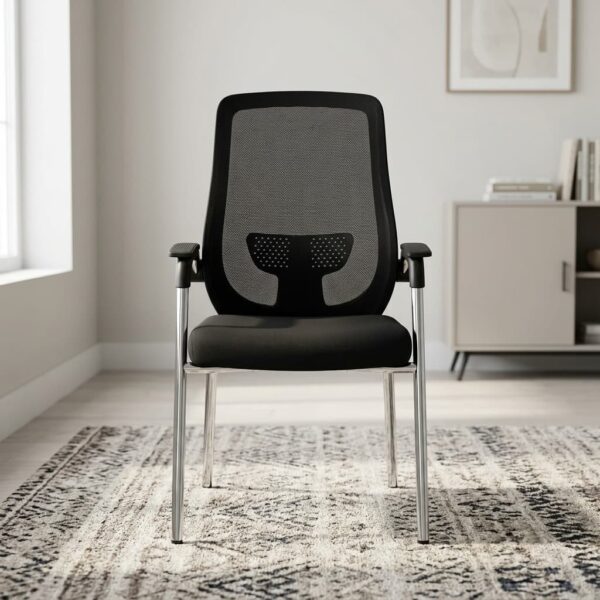 Mesh reception visitor seat featuring a mid-back black mesh design with an integrated perforated lumbar support, black-capped armrests on chrome support posts, a contoured padded black seat, and a polished chrome four-legged frame.