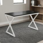 1.2m generic computer table featuring a sleek, rectangular black tabletop with a circular black cable grommet, supported by a modern geometric white metal X-frame leg base.