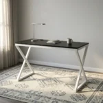 1.2m generic computer table featuring a sleek, rectangular black tabletop with a circular black cable grommet, supported by a modern geometric white metal X-frame leg base.