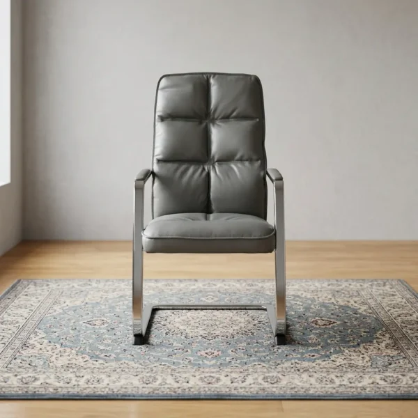 Gray executive waiting chair featuring a premium gray leather design with high-back block-tufted cushioning, integrated padded armrests on a polished metal frame, and a sleek chrome cantilever sled base.