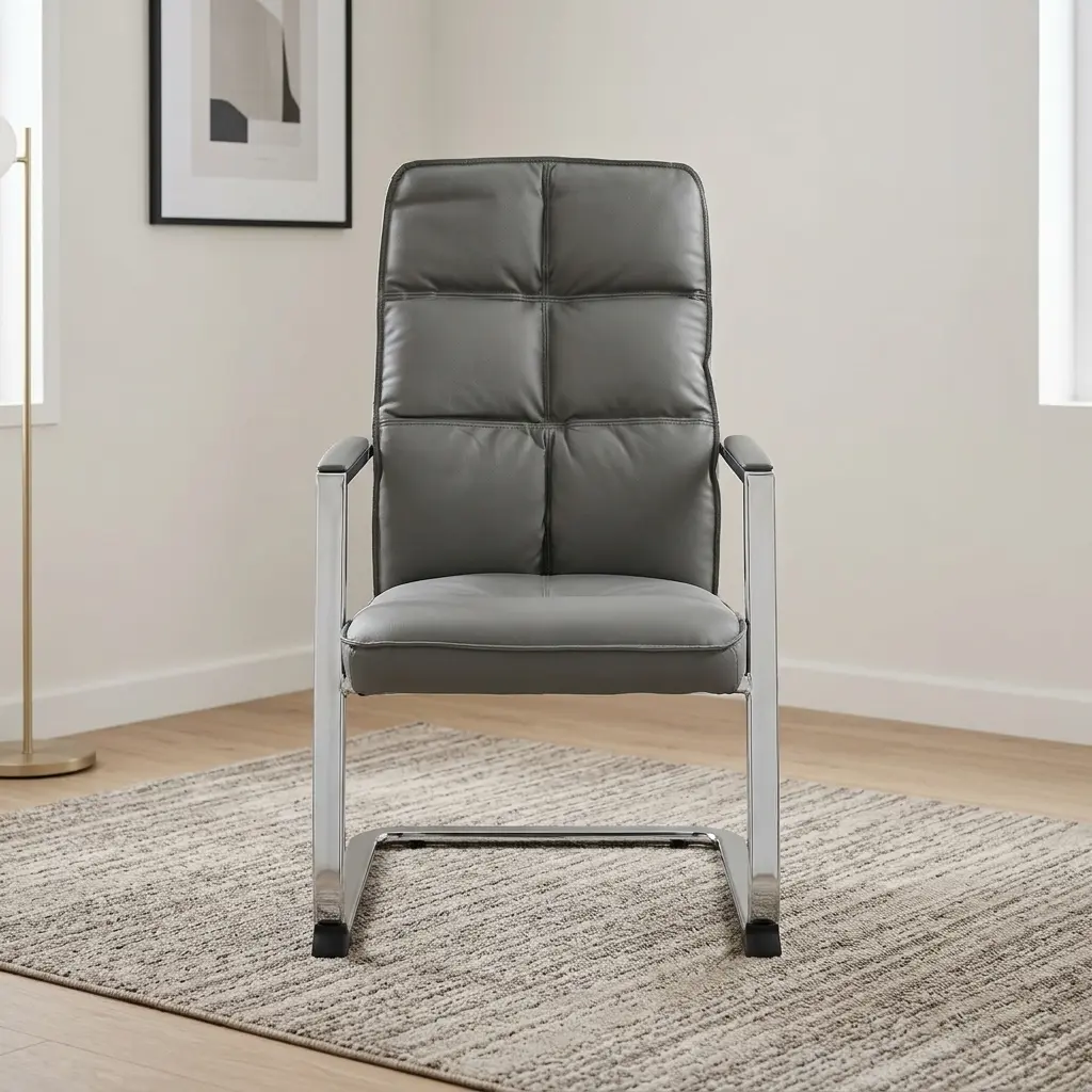 Gray leather waiting chair featuring a high-back backrest with plush tufted block cushioning, upholstered in smooth gray leather, paired with matching gray padded armrests on a polished chrome frame, and supported by a sleek cantilever sled base. Gray leather waiting chair featuring a high-back backrest with plush tufted block cushioning, upholstered in smooth gray leather, paired with matching gray padded armrests on a polished chrome frame, and supported by a sleek cantilever sled base.