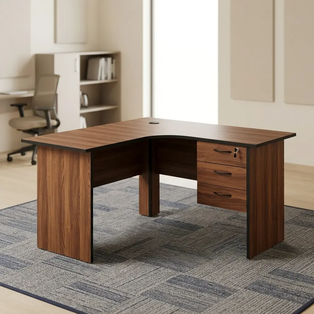 1.4m curved office desk featuring a warm wood-grain finish with black edge trim, an integrated three-drawer pedestal on the right equipped with curved black handles and a top-drawer lock, a circular black cable grommet, and matching wooden panel legs.