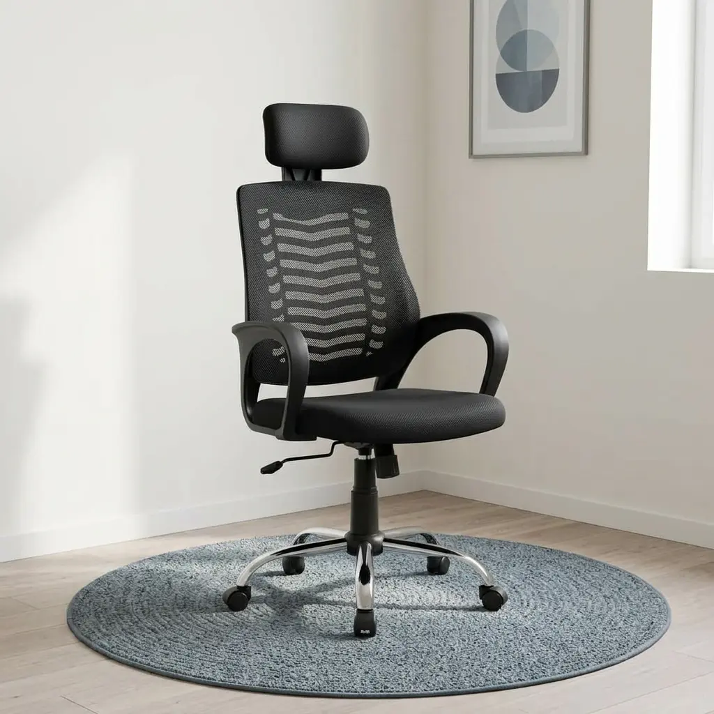 Height adjustable headrest office seat featuring a black mesh backrest with a visible ribbed spine support pattern, an adjustable padded black headrest, curved black loop armrests, a contoured padded black seat, and a polished chrome five-star swivel base.