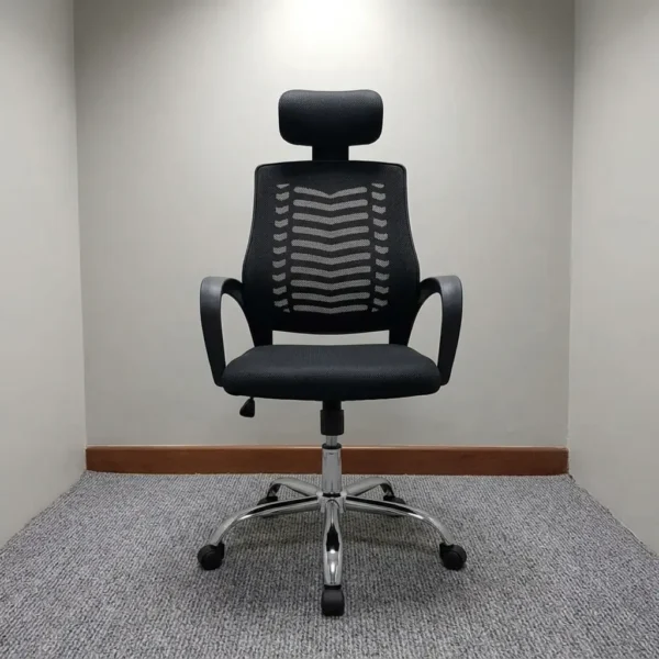 Black headrest office chair featuring a black mesh backrest with a visible ribbed spine support pattern, an adjustable padded black headrest, curved black loop armrests, a contoured padded black seat, and a polished chrome five-star swivel base.
