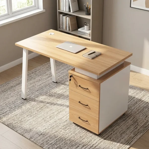 1200mm executive office desk featuring a light natural wood-grain tabletop with a circular white cable grommet, supported on one side by angled white metal legs and on the other by a modern three-drawer pedestal cabinet with a white frame, wood-grain drawer fronts, curved black handles, and a top-drawer lock.