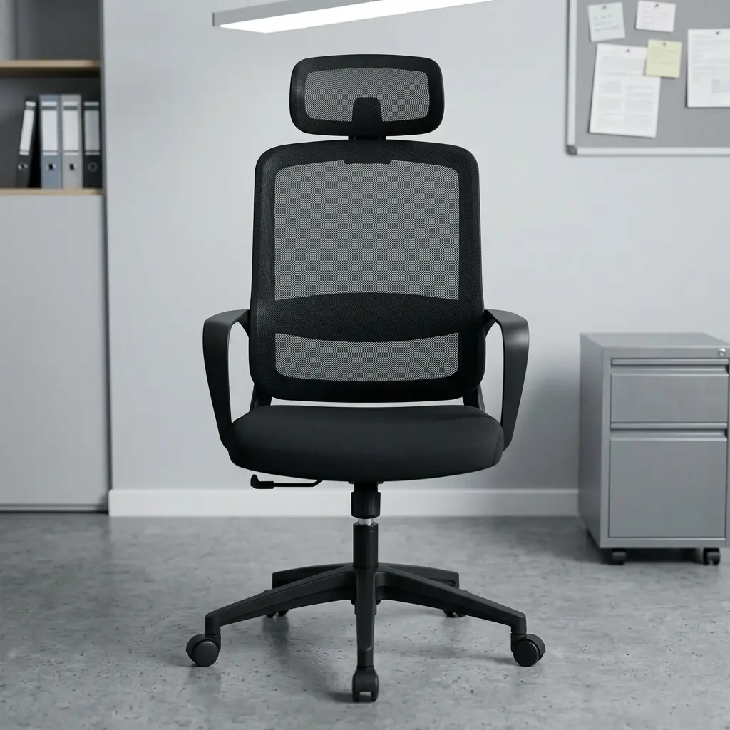 High-back ergonomic office seat featuring a high-back black mesh design with a built-in horizontal lumbar support band, a matching adjustable mesh headrest, sleek curved black armrests, a contoured padded black seat, and a durable black five-star swivel base.