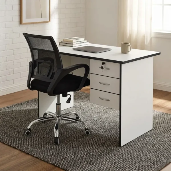 0.9m office desk & chair combo featuring a compact white desk with a black-edged tabletop, an integrated three-drawer pedestal on the right with slim black handles and a top-drawer lock, paired with a black mesh swivel chair with curved loop armrests and a polished chrome five-star base.