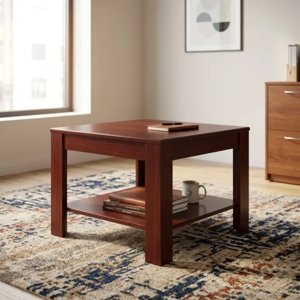 Square office coffee stool featuring a rich reddish-brown wood-grain finish, a square tabletop, four sturdy square legs, and an integrated lower open storage shelf.