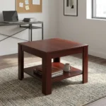 Square office coffee stool featuring a rich reddish-brown wood-grain finish, a square tabletop, four sturdy square legs, and an integrated lower open storage shelf.