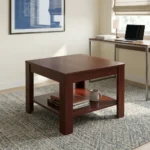 Square office coffee stool featuring a rich reddish-brown wood-grain finish, a square tabletop, four sturdy square legs, and an integrated lower open storage shelf.