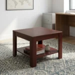 Square office coffee stool featuring a rich reddish-brown wood-grain finish, a square tabletop, four sturdy square legs, and an integrated lower open storage shelf.