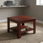 Square office coffee stool featuring a rich reddish-brown wood-grain finish, a square tabletop, four sturdy square legs, and an integrated lower open storage shelf.