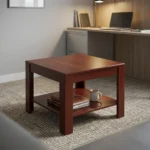 Square office coffee stool featuring a rich reddish-brown wood-grain finish, a square tabletop, four sturdy square legs, and an integrated lower open storage shelf.