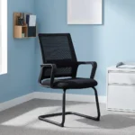 Black mesh boardroom visitor chair featuring a mid-back black mesh backrest with an integrated horizontal lumbar support pad, curved black loop armrests, a contoured padded black seat, and a durable matte black cantilever sled base.