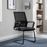 Black mesh boardroom visitor chair featuring a mid-back black mesh backrest with an integrated horizontal lumbar support pad, curved black loop armrests, a contoured padded black seat, and a durable matte black cantilever sled base.
