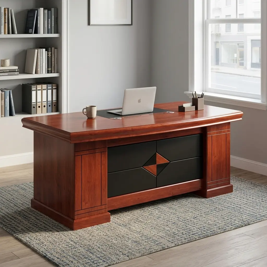 1400mm executive office table featuring a rich reddish-brown wood-grain finish, a thick tabletop with an integrated black writing pad, supported by solid pedestal side panels with decorative wood molding, and a front modesty panel with a matte black finish accented by a central diamond-shaped wood-grain inlay.