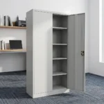 Metallic office file cabinet featuring a durable light-gray steel frame, double full-length hinged doors, and a central black locking mechanism with keys inserted.