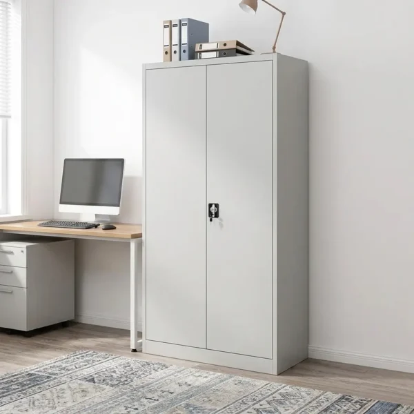Steel office filing cabinet featuring a durable light-gray steel frame, double full-length hinged doors, and a central black locking mechanism with keys inserted.