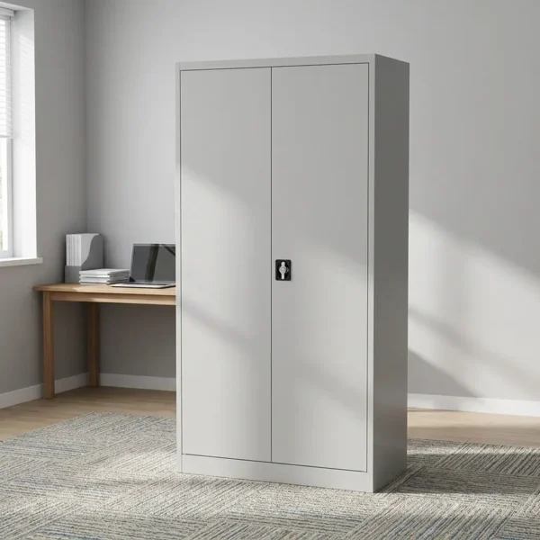 Metallic office file cabinet featuring a durable light-gray steel frame, double full-length hinged doors, and a central black locking mechanism with keys inserted.